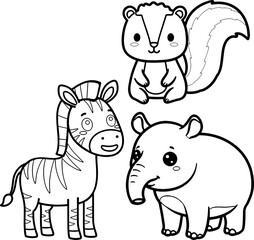 Obraz premium Cute Cartoon Zebra Tapir Elephant and Skunk Outline for Kids Coloring Page