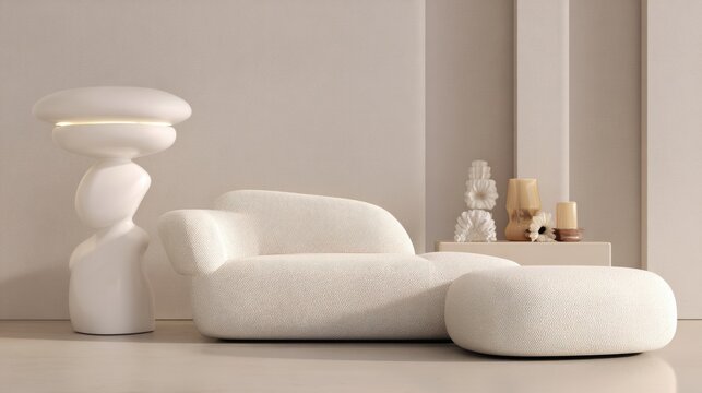 A modern lounge area featuring a modular sofa and sculptural lamp, embodying Scandinavian-inspired interior design.
