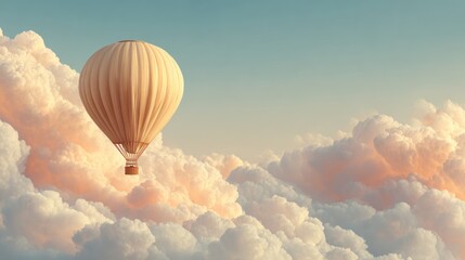 Fototapeta premium A hot air balloon floats above swirling clouds illuminated by warm, soft light