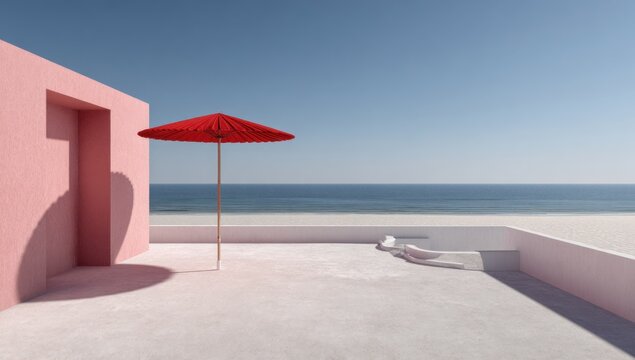 Minimalist coastal scene featuring a pink building facade, a vibrant red umbrella, and a serene beach vista under a clear sky