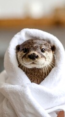 Adorable otter wrapped in a towel