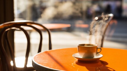 A steaming cup of coffee on a cafe table, warmed by morning sunlight.

