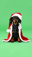 Dachshund in Santa hat and cloak