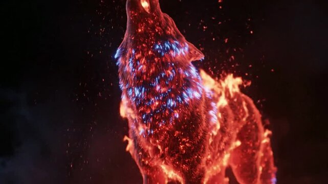 A powerful elemental fire wolf howls in the dark, its form crafted from burning lava and mystical blue energy. This mythical beast erupts with volcanic power and fiery embers.