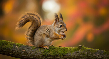 Obraz premium Cute Squirrel Eating Nut on Mossy Branch in Autumn