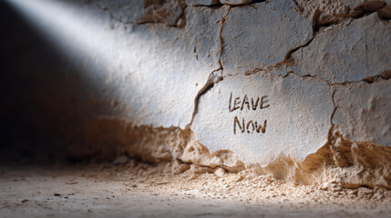 Mysterious warning message illuminated on cracked wall by flashlight beam