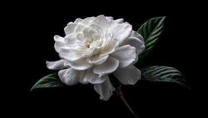 Close-up of a blooming white gardenia flower, showcasing its delicate petals, offset by deep green, glossy leaves against a stark black background