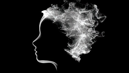 Smokey silhouette of a profile, female, with billowing smoke as hair, against a stark black background. Intricate white tendrils curl and dissipate