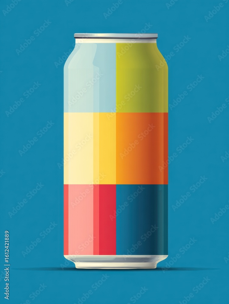 Poster modern flat design of a colorful beverage can showcasing vibrant color blocks against a solid backdr
