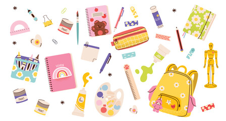 Back to school season. School supplies for kids. Collection of supplies - backpack, stationery, and classroom items.  Vector illustration of art supplies and school stationery, cartoon style. 