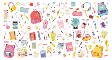 Back to school season. School supplies for kids. Collection of supplies - backpack, stationery, and classroom items.  Vector illustration of art supplies and school stationery, cartoon style. 