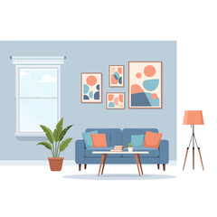 Cozy Modern Living Room Interior Design with Blue Sofa and Abstract Art on Wall