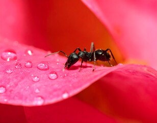 Ant on a pink petal with water droplets