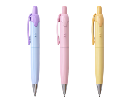 Three pastel-colored pens,  a light lavender, a light pink, and a light yellow-orange,  stand upright,  with a slightly bulbous,  ergonomic shape.  Each has a clip