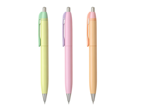 Three pastel-colored pens, light lime green, light pink, and light orange, positioned vertically, showing the capped ends