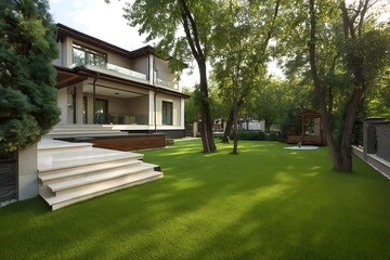 Modern house with manicured lawn and trees showcases luxury living and outdoor space.