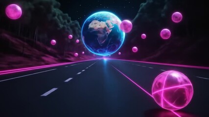 Follow a neon-lit path to a rotating hologram of planet Earth. Glowing pink orbs are scattered along the path. 4k video - Powered by Adobe