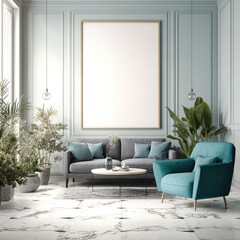 Light-filled living room with muted teal accents and large blank art