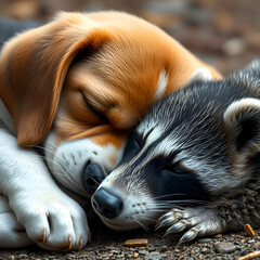 Adorable beagle puppy sleeping with his friend the baby raccoon. JPEG, 7MB, 12x12in, 3600x3600px, 300p/I