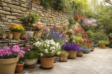 Colorful potted flowers line a stone wall in a garden, creating a vibrant floral display.