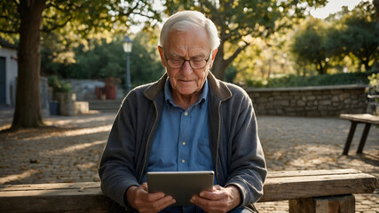 Fototapeta premium Elderly man uses tablet outdoors, blending technology with the tranquility of a park setting.