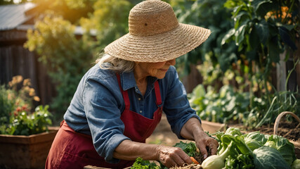 Senior gardener harvests vegetables in her backyard garden, wearing a sunhat and gardening apron.