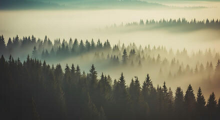 Misty fog blankets a dense forest of evergreen trees in the mountains