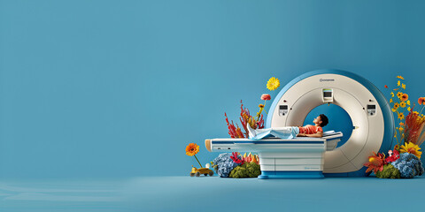 Obraz premium MRI scan machine with child patient in medical facility, Child undergoing MRI scan in hospital, Pediatric MRI scan in hospital with colorful elements