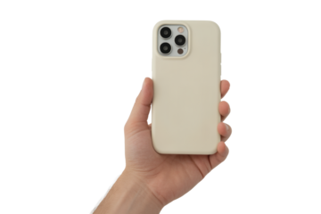 Hand holding a light beige smartphone case showcasing its camera lenses and sleek design