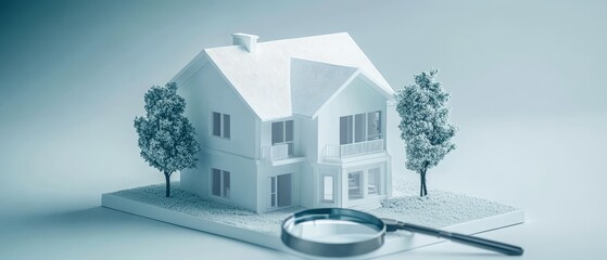 A real estate agent carefully examining a white miniature house model with a magnifying glass, symbolizing detailed property inspection or land evaluation