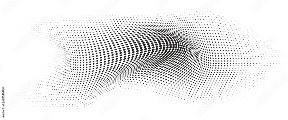 Poster flowing wave dot halftone pattern: curve gradient shape on transparent background. suitable for ai, 