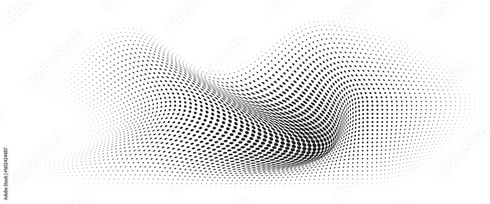 Poster flowing wave dot halftone pattern: curve gradient shape on transparent background. suitable for ai, 