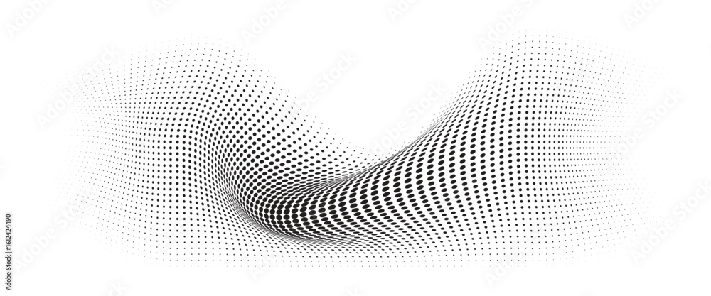 Poster flowing wave dot halftone pattern: curve gradient shape on transparent background. suitable for ai, 