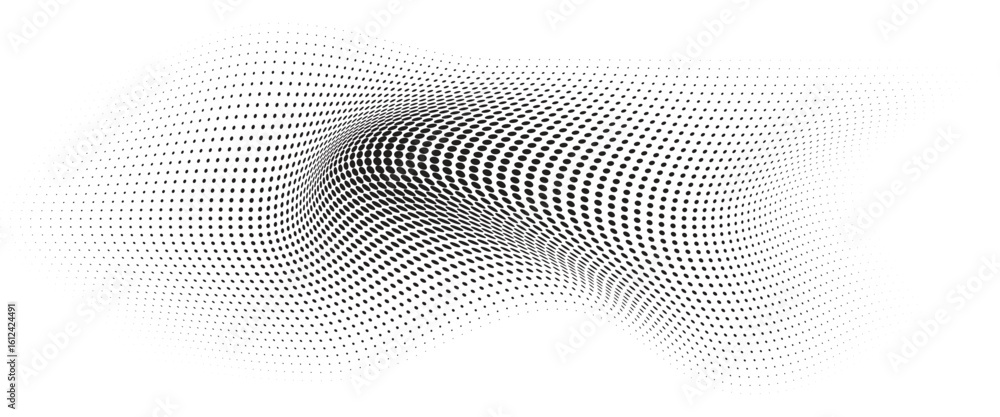 Poster flowing wave dot halftone pattern: curve gradient shape on transparent background. suitable for ai, 