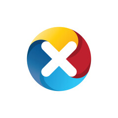 The image shows a logo design of a round yin-yang shape in different color with a letter x sign on the center. It looks clean and fresh on a white background.