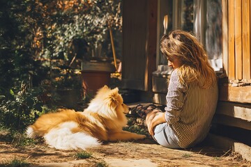 Golden Spitz dog rests near a woman sitting outside a wooden cabin on a sunny day.