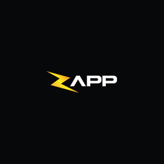 The image shows a wordmark logo design of the word ZAPP in yellow and white color in simple flat style that looks clean and modern on a black background