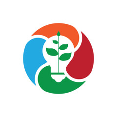 The image shows a logo design of a round yin-yang shape in different color with a light bulb and a small plant at the center. It looks clean and fresh on a white background.