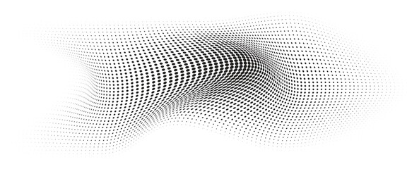 Flowing Wave Dot Halftone Pattern: Curve Gradient Shape on Transparent Background. Suitable for AI, Tech, Network, Digital, Science, and Technology Themes.