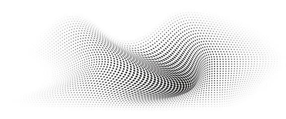 Flowing Wave Dot Halftone Pattern: Curve Gradient Shape on Transparent Background. Suitable for AI, Tech, Network, Digital, Science, and Technology Themes.