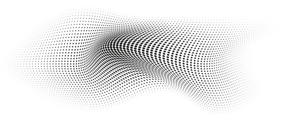Flowing Wave Dot Halftone Pattern: Curve Gradient Shape on Transparent Background. Suitable for AI, Tech, Network, Digital, Science, and Technology Themes.
