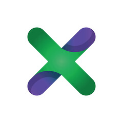 The image shows a logo design of a letter X in green and purple colors in simple 3D style that looks clean and modern on a white background