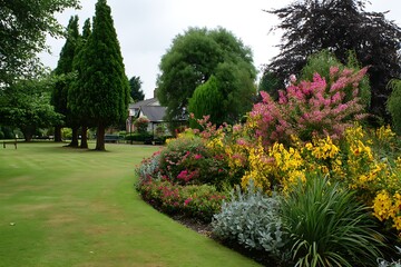Beautiful garden scene with colorful flowers and lush green grass in a tranquil park setting.
