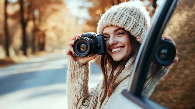 Generative AI. Young woman with long hair wearing a knitted hat is smiling while holding a camera, capturing autumn scenery from a car window, showcasing joy in photography