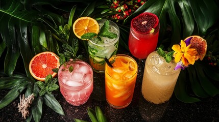 A refreshing assortment of colorful cocktails and tropical juice drinks garnished with vibrant fruits and herbs, perfect for a sunny day by the beach