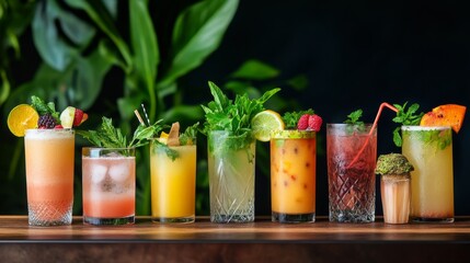 Fototapeta premium A refreshing assortment of colorful cocktails and tropical juice drinks garnished with vibrant fruits and herbs, perfect for a sunny day by the beach