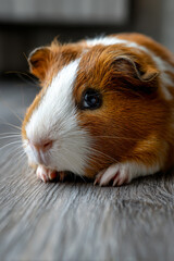 Front view of a charming guinea pig lying on a gray, patterned floor.