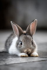 Fototapeta premium Front view of a fluffy domestic rabbit lying on the floor.