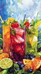 A refreshing assortment of colorful cocktails and tropical juice drinks garnished with vibrant fruits and herbs, perfect for a sunny day by the beach