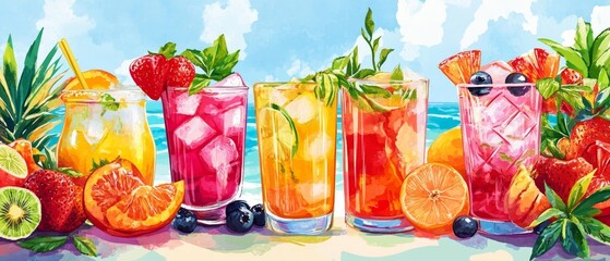 A refreshing assortment of colorful cocktails and tropical juice drinks garnished with vibrant fruits and herbs, perfect for a sunny day by the beach